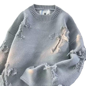 <b>Men's</b> Ripped Crew Neck <b>Sweater</b> Thick <b>Knitted</b> Pullover Casual Solid Long Sleeve Winter Top - Product Image 3