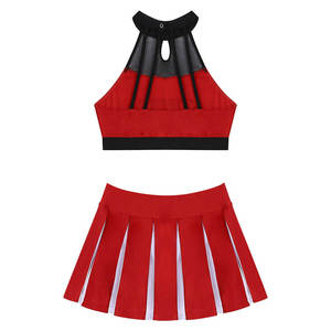 Ensemble d'uniformes de cheerleading rouge et noir, haut sans manches avec logo sur le devant, jupe, style adulte, polyester et coton - Product Image 5