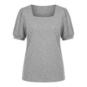 T-shirt décontracté pour femme, couleur unie, en polyester, col rond, manches courtes froncées papillon, anti-boulochage, tricoté – Meilleure vente - Product Image 2