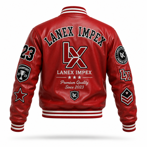 Custom Red Varsity Letterman Jacket Men PU Leather Baseball College Jacket Chenille Embroidered Patch Bomber Jacket OEM Bulk - Product Image 3