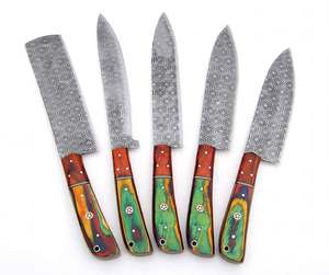 Ensemble de 5 ustensiles de cuisine en acier artisanal à motifs, manches en bois de Pakka multicolores, collection d'outils de cuisine professionnels - Product Image 2