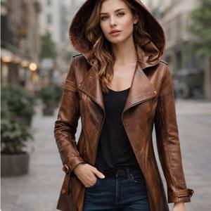 Manteau long à capuche en cuir souple pour femme, veste d'hiver, vêtement d'extérieur, style moderne et décontracté, veste en cuir tendance pour femme - Product Image 1