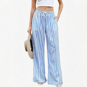 Pantalon en lin tissé respirant à jambe large pour femme SPINE CRAFT, taille haute élastique, coupe ample, longueur intégrale, couleur unie, décontracté, été - Product Image 4