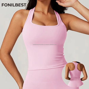 เสื้อกล้ามทรงสี่เหลี่ยมสีชมพูสำหรับผู้หญิง FONILBEST แบบไร้สายรัดไหล่ ไร้ตะเข็บ ระบายอากาศได้ดี ซับเหงื่อ เหมาะสำหรับโยคะและออกกำลังกาย แบบไม่มีแขน สีพื้น - Product Image 1