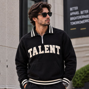 <b>Men's</b> Custom <b>Black</b> Quarter Zip <b>Sweatshirt</b> with Chenille Varsity Lettering Striped Collar Cuffs and Hem custom quater zipper - Product Image 1