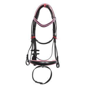 Bridon en cuir rose cristal avec garnitures noires et sangles réglables pour l'entraînement au dressage. - Product Image 1