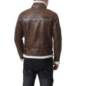 <b>Men's</b> Brown <b>Leather</b> Moto <b>Jacket</b> Stand Collar Zip Front Flap Pockets Regular Sleeve Winter Style Windproof Eco-Friendly - Product Image 3
