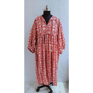 Vestido midi de algodón con estampado floral étnico rojo y blanco, cuello con lazo, manga corta abullonada, corte holgado, informal, para mujer. - Product Image 1