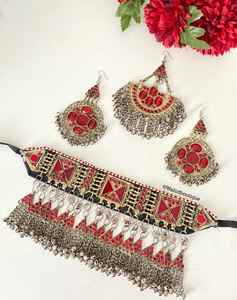 Ensemble collier et boucles d'oreilles choker pour femme, léger, tendance, traditionnel, en acier inoxydable plaqué argent antique, pour tenues longues - Product Image 4