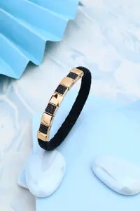 Luxury <b>Men</b> Black Braided Leather Bracelet With Gold Tone Square Bar Accents Fine <b>Bangles</b> Wristband fine Jewelry Gift - Product Image 3