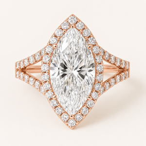 Anillo de Boda de Oro Sólido 10K 14K 18K con Diamantes Cultivados en Laboratorio y Moissanita, Corte Marquesa y Redondo, con Halo y Vástago Dividido, Venta al por Mayor - Product Image 2