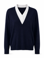Pull en tricot pour femme, style coréen, effet deux pièces, couleur unie, col en V, collection automne/hiver, style preppy, polyvalent, minimaliste, pour le travail