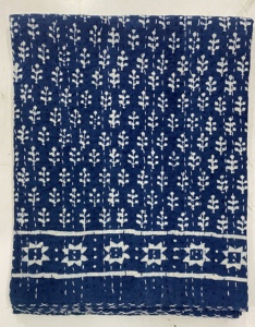 Silkgram Hand Block Printed Kantha <b>Quilt</b> Blue Cotton Traditional Indian Stitched Bedspread Folded Home Decor <b>Throw</b> Cover - Product Image 3