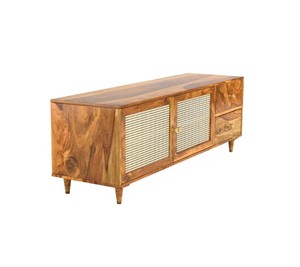 Mid-Century Modern Solid Wood <b>TV</b> Unit with Rattan Doors | Boho Media Console | Jodhpur Export - Product Image 2