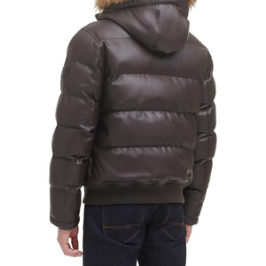 Blouson matelassé effet cuir pour homme, manteau d'hiver chaud à capuche avec garniture en fourrure, fermeture éclair frontale, veste décontractée et tendance pour l'extérieur, vente en gros OEM - Product Image 3