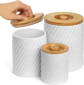 Pot de rangement en céramique de luxe avec couvercle en bambou, texture mouchetée, hermétique, organisateur de cuisine moderne, pot de comptoir, style premium - Product Image 2