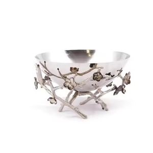 Bol de service très vendu, finition argent poli, grand bol profond avec support motif fleur de cerisier noir, idéal pour les réceptions - Product Image 4