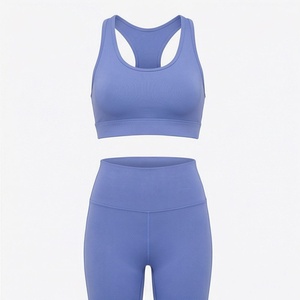 Conjunto de Yoga para Mujer de 2 Piezas, Leggings de Cintura Alta, Sujetador Deportivo con Tirantes en Y y Escote Redondo, Color Azul y Morado Sólido, Ropa Deportiva - Product Image 1