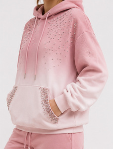 Sudadera con Capucha para Mujer de Alta Calidad, Color Sólido, Manga Larga, Forro Polar con Cuentas, Ropa Casual de Otoño, Sudadera Rosa - Product Image 1