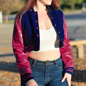 Veste courte universitaire pour femme, bleu roi et bordeaux, style Letterman, manteau bomber avec manches en similicuir, vêtement d'extérieur décontracté, mode féminine - Product Image 1