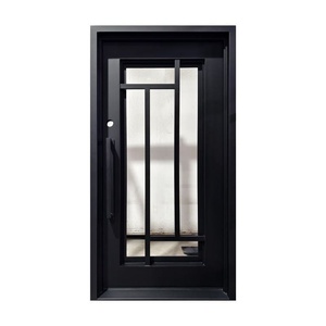 Porte d'entrée contemporaine en fer forgé avec panneaux de verre géométriques et un design résistant à la rouille, adaptée à une utilisation extérieure - Product Image 2