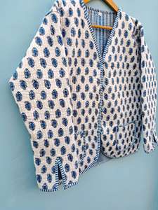 Vintage Style Quilted Jacket Blue Hand Block Print Kimono Coat Blue Floral Quilted Jacket Lightweight Cotton <b>Layer</b> - Product Image 6