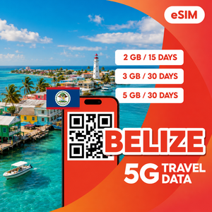 Tarjeta SIM electrónica de datos ilimitados para Belice: 2 GB / 15 días, 3 GB / 30 días, 5 GB / 30 días. Internet de viaje 4G/5G con código QR, entrega instantánea por correo electrónico. - Product Image 1
