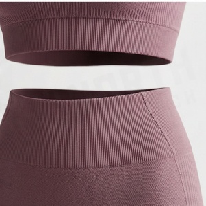 Seamless Racerback Sports Bra And High Waist <b>Leggings</b> Set Ribbed Solid Color Yoga <b>Activewear</b> For Women - Product Image 5
