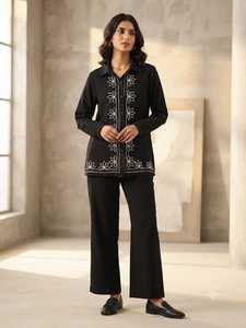 Ensemble chemise noire brodée et pantalon large pour femme, manches longues, motif floral, col chemise, élégant, décontracté, tenue de bureau, deux pièces - Product Image 6