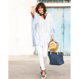 Minivestido Kaftán de Playa Tejido de Viscosa Ecológica con Teñido Anudado Estilo Bohemio, Cuello en V, Mangas Murciélago, Borlas y Transpirable - Product Image 3