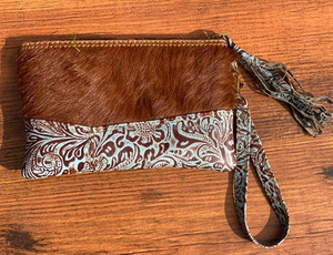 Cuir de fourrure de vachette bracelet pochette sac à main pochette couleur Tan portefeuille sculpture outillé Western patchs cheveux sur cacher fourrure cuir pochette - Product Image 3