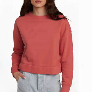 เสื้อสเวตเตอร์คอกลมสีแดงสำหรับผู้หญิง แขนยาว ผ้าฝ้ายถัก สวมใส่สบายๆ ในฤดูใบไม้ร่วง ความยาวสั้น สีพื้น - Product Image 6