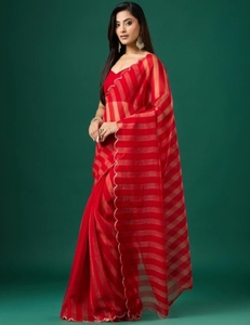 KV <b>Women's</b> Embellished Striped Bollywood Designer Silk Tissue Saree Reversible Wrinkle-Free Unstitched <b>Blouse</b> (<b>Red</b>) for Wedding - Product Image 2