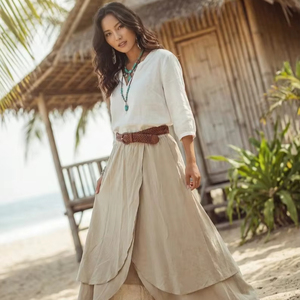 Falda larga bohemia escalonada para mujer, de gasa de algodón orgánico, amplia y fluida, ligera, estilo bohemio, para verano - Product Image 1