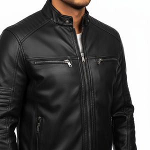 Blouson de motard unisexe en cuir noir personnalisé, col mandarin, épaulettes rembourrées, style streetwear, coupe ajustée, écologique, hiver, fermeture frontale - Product Image 4