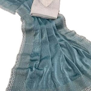 Máquina de fijación en caliente con borde de corte de puntada de patrón fabuloso, Sari elegante de longitud larga con pieza de blusa de contraste listo para comprar - Product Image 1