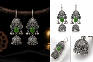 Oxidized Silver Green Bell Bezel Setting Monalisa <b>Stud</b> Pear Stone Indian Jhumka <b>Earrings</b> Wedding Direct Factory Manufacturer - Product Image 2