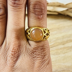 Trendy Design Peach Moonstone <b>Ring</b> Boho Brass Jewelry For Women 18k Gold Plated Geometric <b>Statement</b> <b>Ring</b> For Wholesale/OEM/ODM - Product Image 4