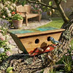 Nichoir en bois écologique pour petits oiseaux, fabriqué à partir de bois de bateau recyclé, couleurs naturelles vieillies, utilisation intérieure/extérieure en été pour petits oiseaux - Product Image 4