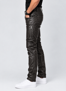 Men's Brown Leather Pants High Waist Motorbike Biker Style Casual Outdoor Waterproof Windproof Lightweight <b>Side</b> <b>Zip</b> Pocket - Product Image 4
