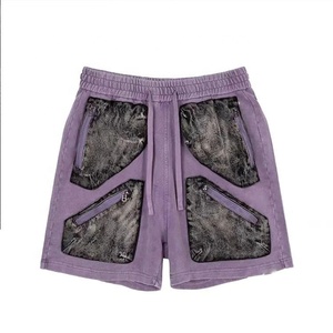 Shorts de sport mi-élastiques 100 % coton pour hommes, brodés, style vintage délavé, séchage rapide, coupe ample, décontracté - Product Image 1