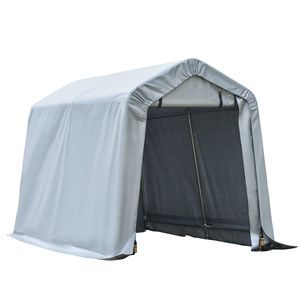 Abri de voiture extérieur gris 8x6 avec porte enroulable, structure en acier moderne, couverture en PE, abri de stockage pour garage, aménagement de stationnement simple pour 2 voitures - Product Image 1