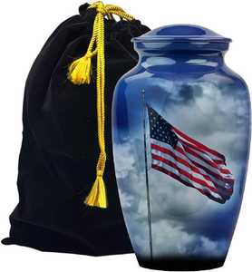 Urnas Metálicas Azules con la Bandera Americana para Cenizas, Recuerdo Patriótico Conmemorativo, con Bolsa de Terciopelo - Product Image 1