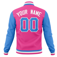 Blouson universitaire personnalisé rose et bleu pour homme, style baseball, avec lettres 00 et nom d'équipe imprimés, broderie frontale, pour l'automne