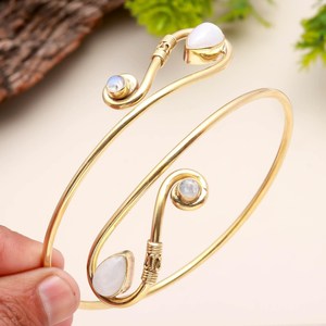 Gold Plated Brass Cuff <b>Bracelet</b> With Moonstone And Quartz Bezel Setting <b>Boho</b> Style Jewelry Handmade Bulk Product - Product Image 5