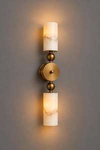 Pair Of Alabaster Tube <b>Wall</b> <b>Sconce</b>, Antique Brass <b>Wall</b> Lamp, Contemporary Bedroom <b>Lighting</b> - Product Image 2