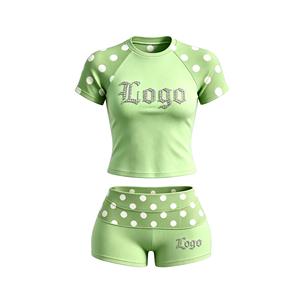 Women Polka Dot Crop Top <b>Shorts</b> Set Glitter Logo Print Quick Dry Spandex <b>Polyester</b> Summer Wear Crew Neck <b>Short</b> Sleeve - Product Image 3