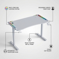 Bureau de jeu ergonomique moderne en métal et bois blanc en forme de Z avec éclairage RGB, support pour casque, porte-gobelet, surface en fibre de carbone pour la maison et le bureau