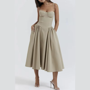 Robe de soirée d'été sur mesure pour femme, vert sauge, en mousseline, à bretelles spaghetti, longueur genou, taille naturelle, style robe de bal, OEM ODM - Product Image 1