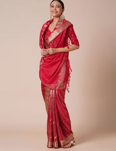 KV Women's Silk Blend <b>Red</b> Stripes Woven Designer <b>Saree</b> With Unstitched - Product Image 6